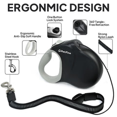 PetiFine brake system retractable leash provides quick stops for safer walks.