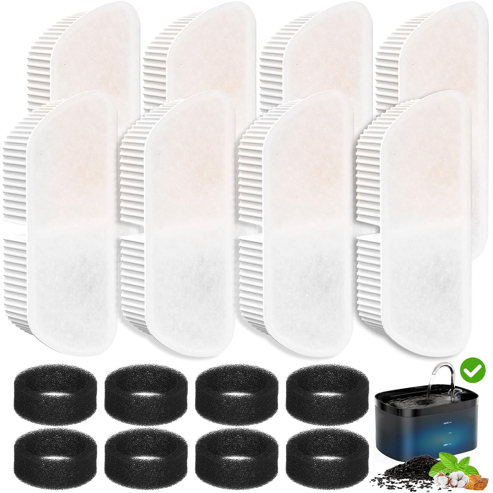 Petilog 8-pack cat fountain filters and sponges ready for replacement in multi-cat homes