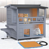 PETIMBER heated cat house exterior front view shows spacious two-story shelter.
