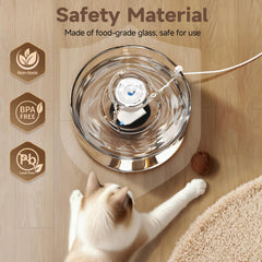 PETIMI Glass Cat Water Fountain water flow along glass for steady hydration.