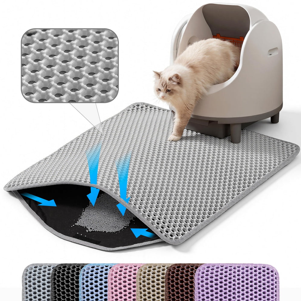 Petinstinct Litter Mat front view in gray traps stray litter at box entrance.