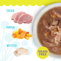 Petite Cuisine tuna-pumpkin-ocean-whitefish entree ingredients label showing non-GMO mix.