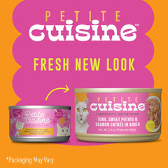 Petite Cuisine tuna-sweet-potato-salmon entree in broth can, closeup shows real tuna chunks.