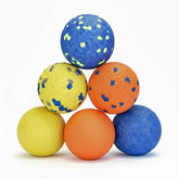 Petizer ETPU dog balls in blue and yellow, 6-pack for easy visual tracking.