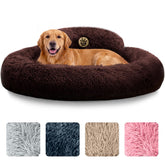 PetJett brown round bed 36inch donut top view offers plush lounging for calm, cozy naps.