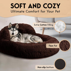 PetJett brown round bed faux fur closeup highlights ultra-soft texture.