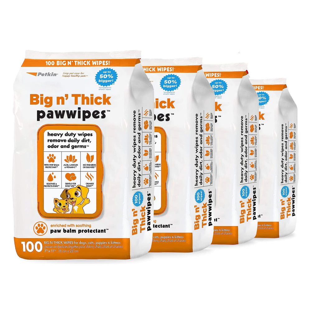 Petkin Big N' Thick Paw Wipes 100 wipes pack for fast post-walk cleanup.