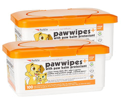 Petkin Paw Wipes Plus tub with orange-scented wipes for quick outdoor paw cleaning.