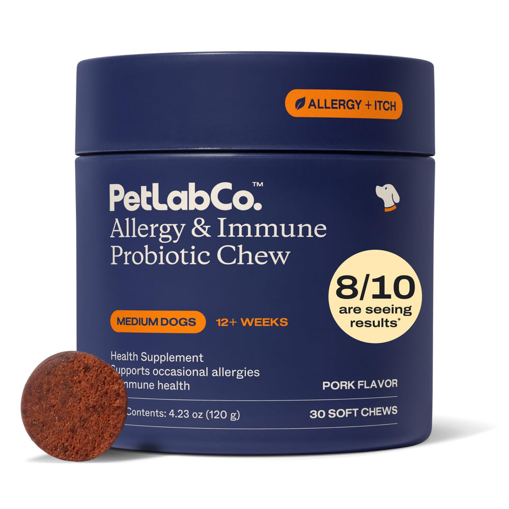 PetLab Co Allergy & Immune daily probiotics dog chews bottle closeup for gut balance.