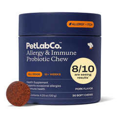 PetLab Co. Allergy & Immune Probiotics jar with pork chews supporting gut balance for dogs.