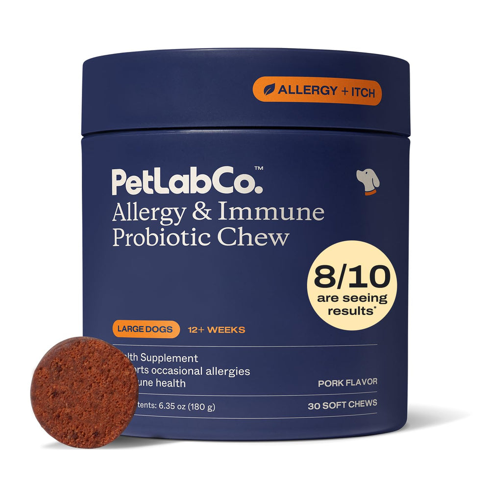 PetLab Co allergy immune daily probiotics packaging front with 30 chews.