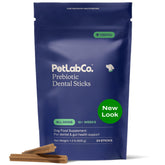 PetLab Co Dental Sticks packaging closeup highlighting targeted plaque action for dogs