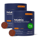 PetLab Co Itch Relief Chew Pro bottle shows pork flavor and omega rich ingredients for dogs.