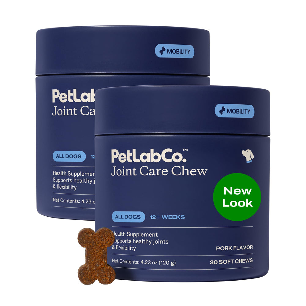 PetLab Co Joint Care chews bottle helps ease daily joint stiffness for dogs.