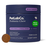 PetLab Co Probiotics for Dogs pork flavor soft chews bottle on counter supports daily gut health.