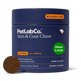 PetLab Co Skin and Coat Chew bottle highlighting ingredients for dogs healthy skin