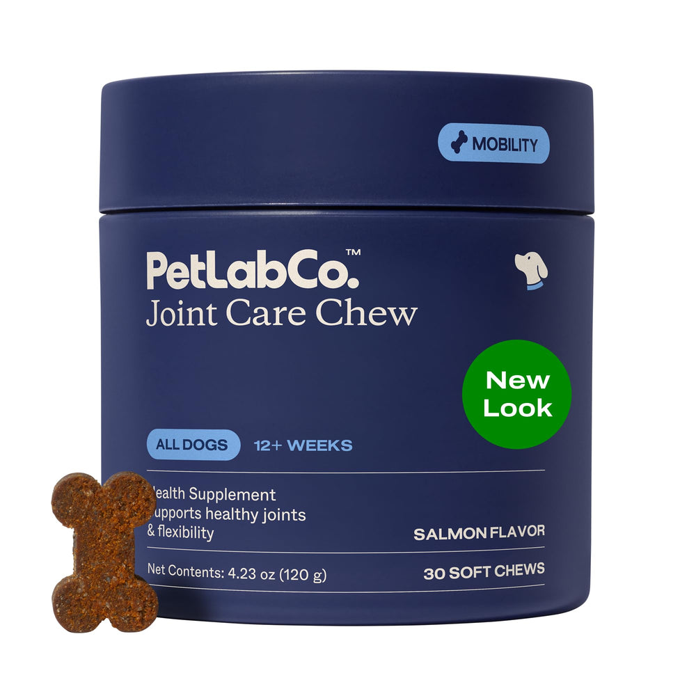 PetLab Co Joint Care Chews bottle with easy dosing and salmon flavor for dogs.