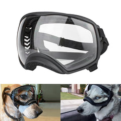 PETLESO Clear Dog Goggles with wide-view lens protect eyes on car rides.