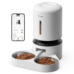 PETLIBRO 5L feeder with dual bowls keeps two cats fed evenly.