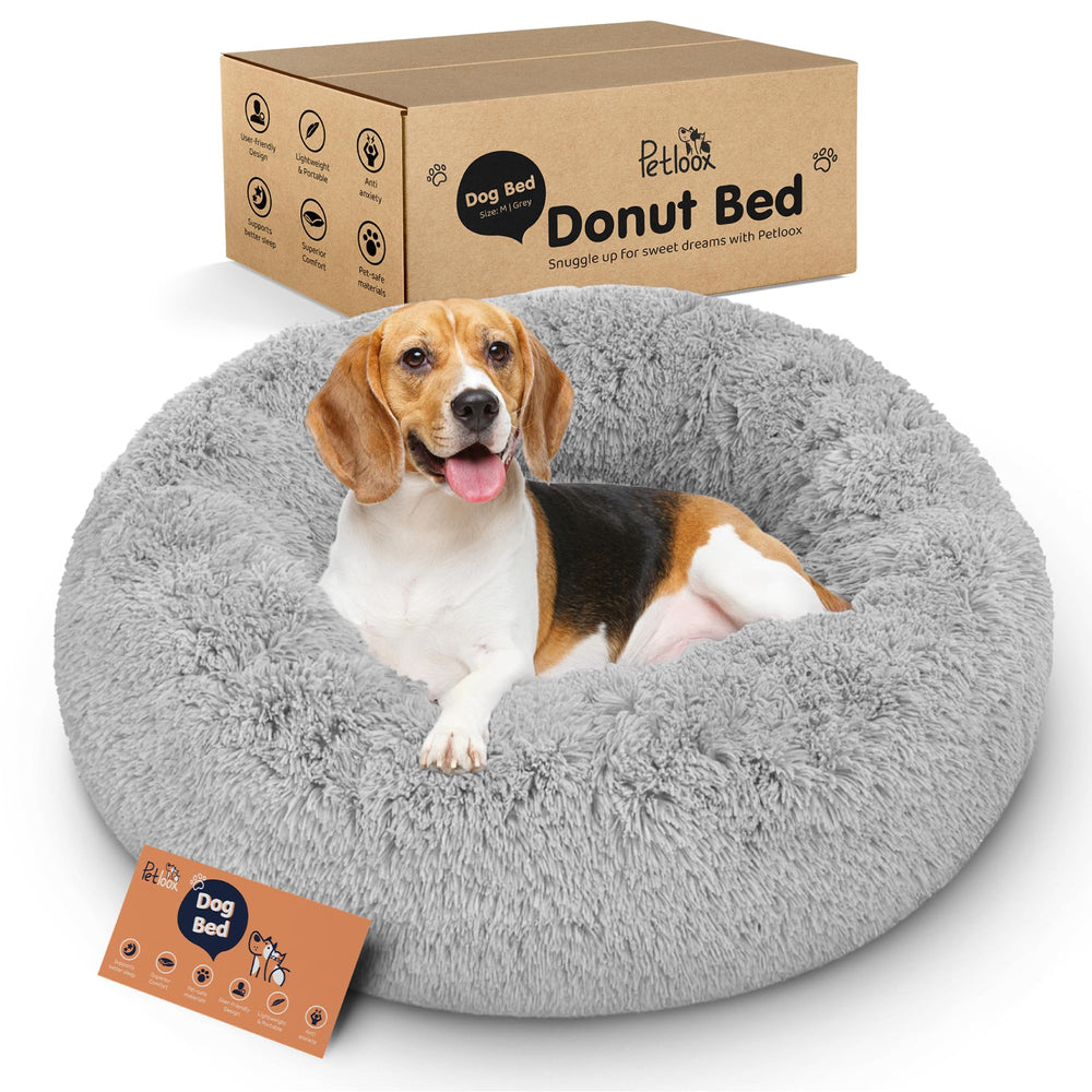Petloox donut dog bed grey, cloud-soft support for cozy naps.