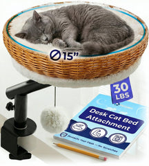 PetLovers cat desk bed with rattan basket keeps your cat close while you work or study