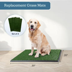 PETMAKER artificial grass pad inside tray demonstrates easy indoor/outdoor versatility.
