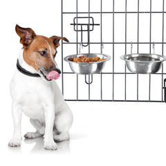 PETMAKER 2-pack stainless steel dog bowls attached to a crate for mess-free feeding.