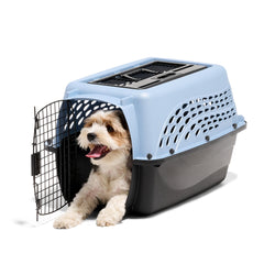 Petmate airline-approved small pet carrier with 360-degree visibility for comforting pet watching during flights.
