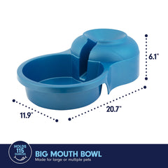 Petmate Big Blue outdoor water bowl on a patio with a standard 5-gallon bottle.