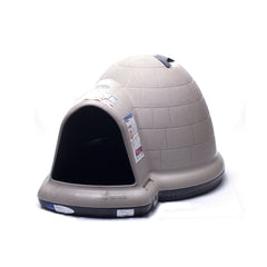 Petmate Indigo dog house front view for large breeds, weatherproof igloo shelter exterior.
