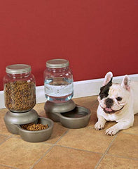 Petmate Mason Inspired Replendish waterer on kitchen counter demonstrates convenient hydration for pets.