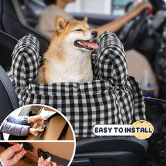 PETNEX dog car seat checkered black with adjustable safety strap, enhances in-car safety.