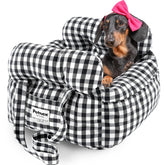 PETNEX dog car seat checkered black, front view, keeps small dogs secure during car rides.