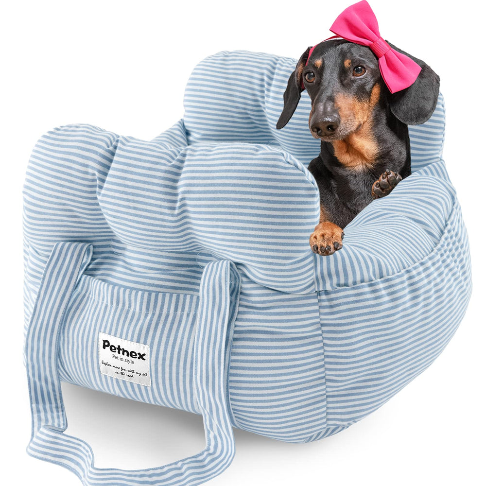 Petnex dog car seat striped blue front view for secure daytime travel with small dogs.