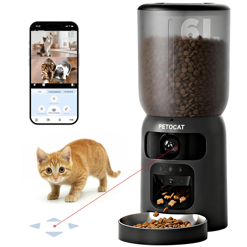 PETOCAT AI feeder showing 6L capacity for scheduled meals