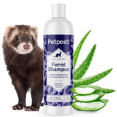Petpost Ferret Shampoo bottle front showing odor control benefits