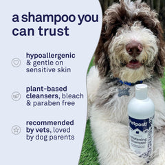 Petpost moisturizing care close-up emphasizes safflower oil and aloe soothing dry skin.