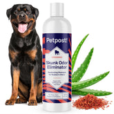 Petpost Skunk Odor Eliminator Shampoo bottle neutralizes strong odors after outdoor exposure.