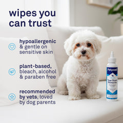 Petpost Tear Stain Remover with aloe vera for soothing cleaning near eyes.
