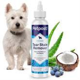 Petpost Tear Stain Remover bottle pour around the eye for daily cleaning.