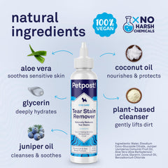 Petpost Tear Stain Remover with coconut oil supports gentle around-eye care.