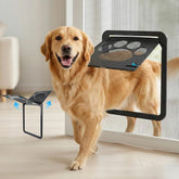 Pet Prime dog door on screen door showing easy assembly for pet independence.