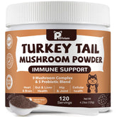Petrivium mushroom supplement bottle front with 9-mushroom blend for pets