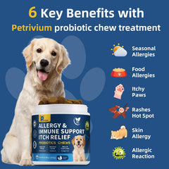 Petrivium dogs allergy chews jar highlights five-probiotic blend for digestion and skin health.