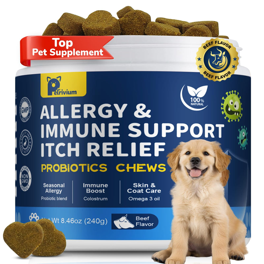 Petrivium Dogs Allergy & Itch Relief Chews bottle supports itchy skin relief.