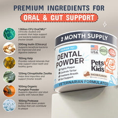 Pets Are Kids Too dog dental powder ingredient label highlights OraCMU probiotic