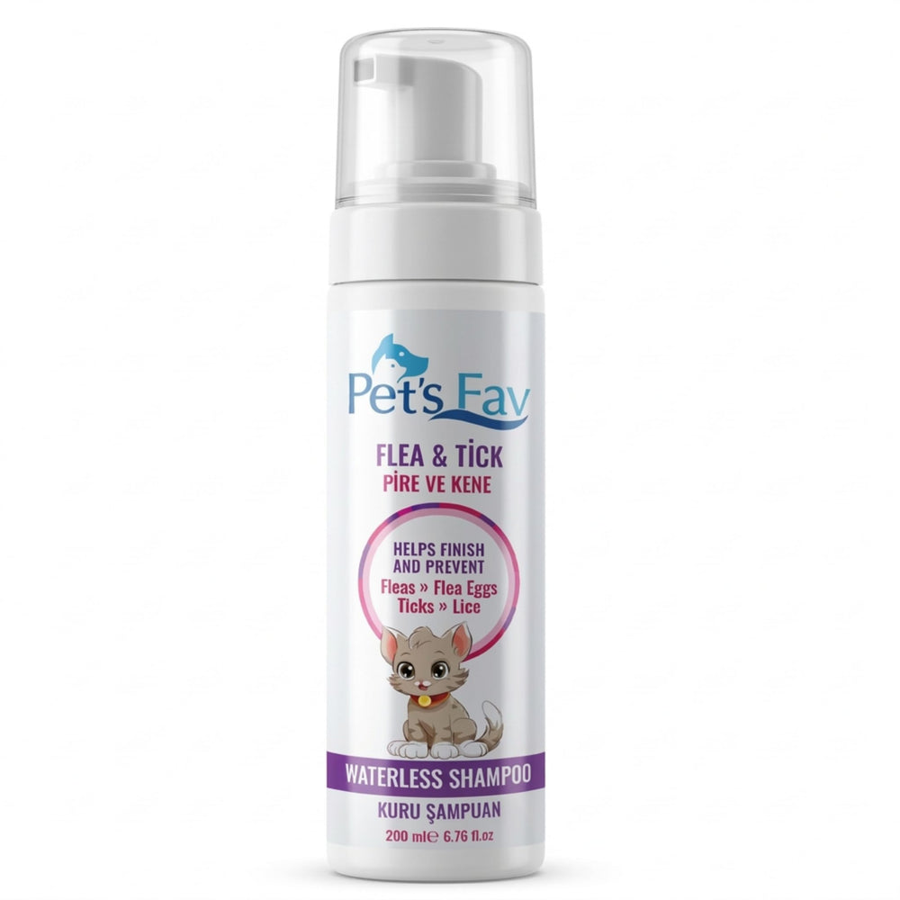 Pet's Fav waterless cat shampoo bottle in use for on-the-go foam cleaning.