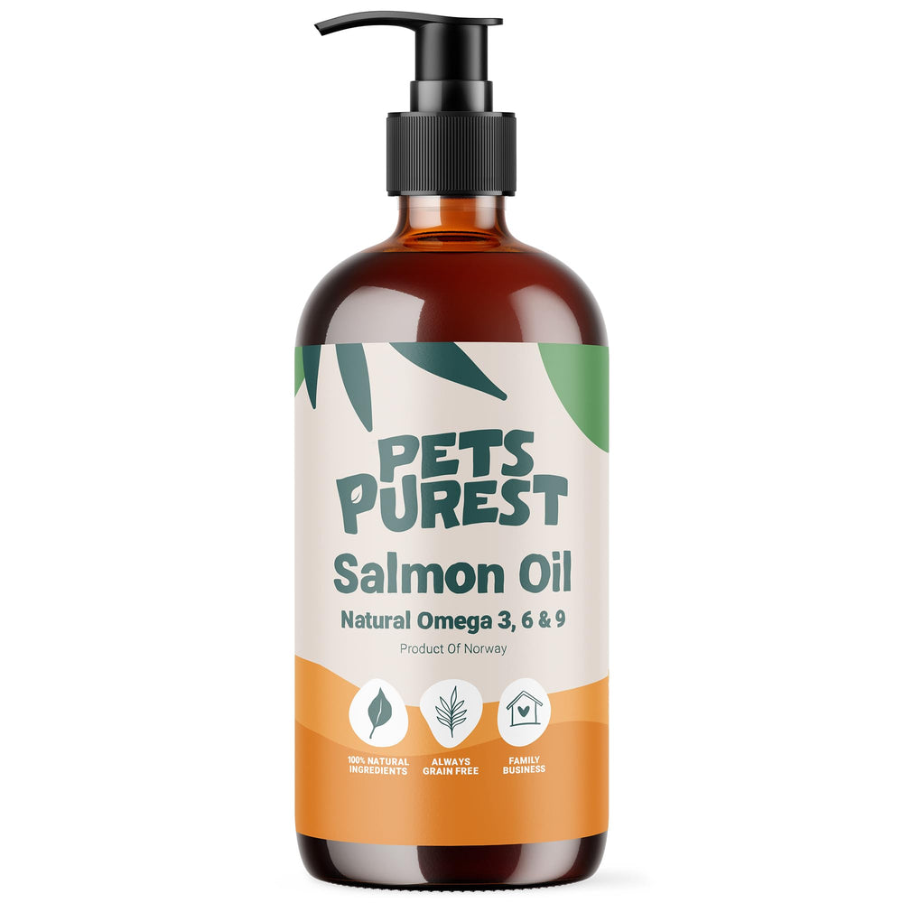 Pets Purest Salmon Oil bottle pour for easy meal additions and coat shine.