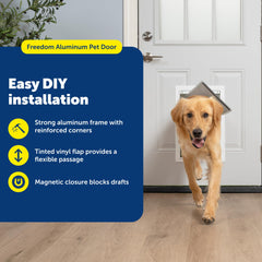 PetSafe Freedom aluminum door frame close-up shows reinforced corners for robustness.