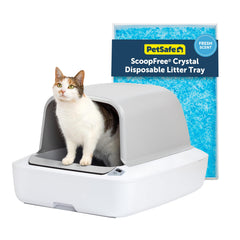 PetSafe ScoopFree Crystal Pro front-entry litter box with privacy hood and odor control.